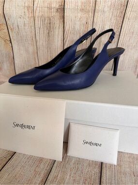 Saint Laurent Blue Leather Pointed Toe Slingback Stiletto Pumps Heels